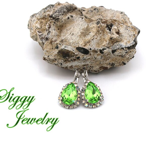 Peridot Pear Teardrop Earrings with Crystal AB Halo and Rhodium Finish - Picture 4 of 5